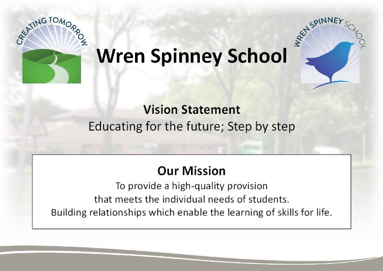 Vision and values Wren Spinney School graphic with logos and text. Vision: 'Educating for the future; Step by step.' Mission: 'High-quality, individualised education and life skills development.'