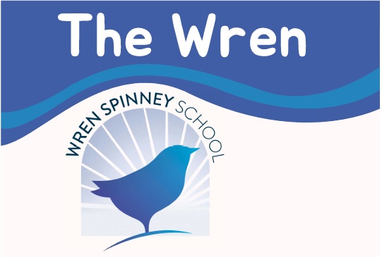 Wren Spinney School logo with a blue wren bird and sunburst design, text reads 'The Wren' and 'WREN SPINNEY SCHOOL'.